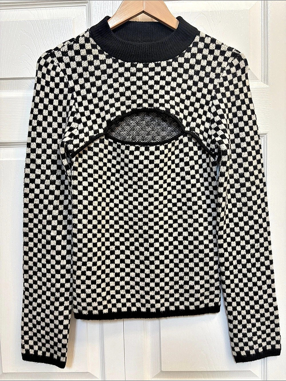 OAK + FORT Black White Checkered Front Cut-Out Sweater M